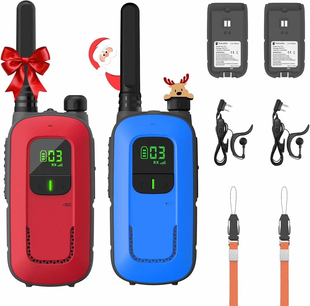 Radioddity PR-T3 - para krotkofalowek PMR446 z latarka, czerwono-niebieskie