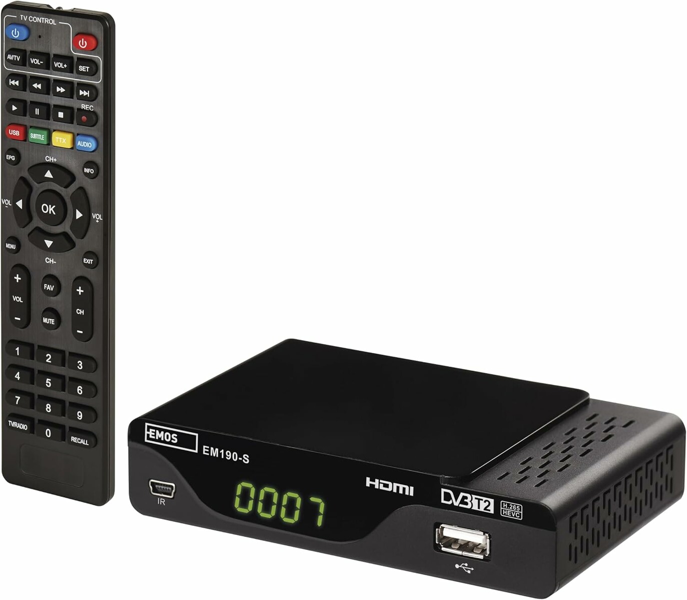 EMOS J6014 - dekoder DVB-T2 HEVC tuner TV naziemnej z pilotem