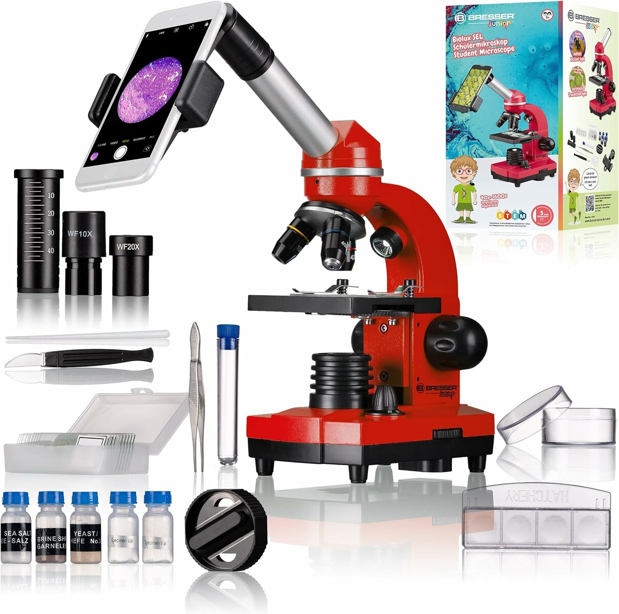 Bresser Junior Biolux SEL – mikroskop szkolny 40-1600x z LED, czerwony
