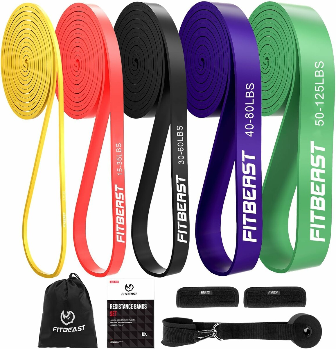 FitBeast Zestaw 5 Taśm Oporowych – opór 5-125 LB, torba, zaczep na drzwi