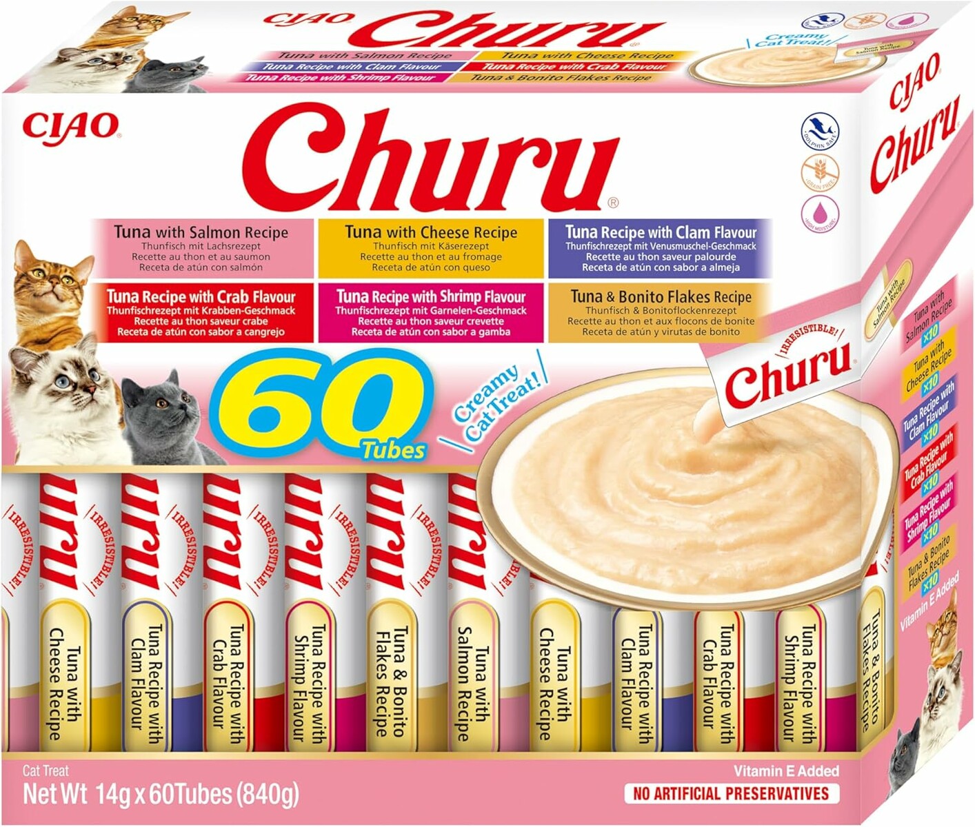 INABA Churu – kremowe smakołyki dla kotów, mix tuńczyka, 60 x 14 g