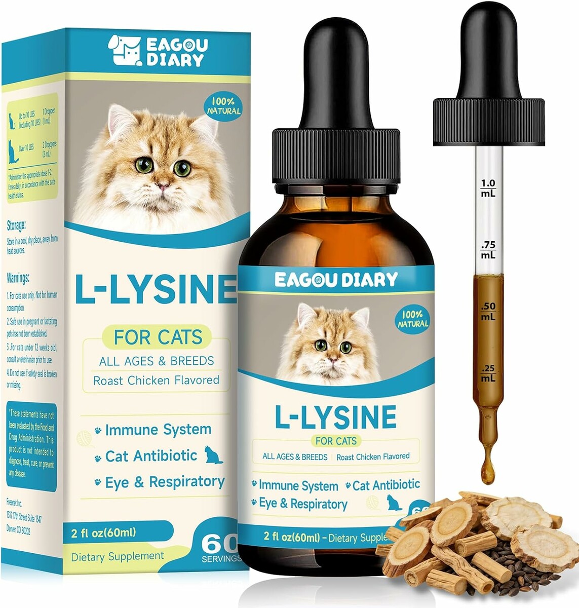 Eagou Diary Lysin – krople z L-lizyną i witaminami dla kotów, 60 ml
