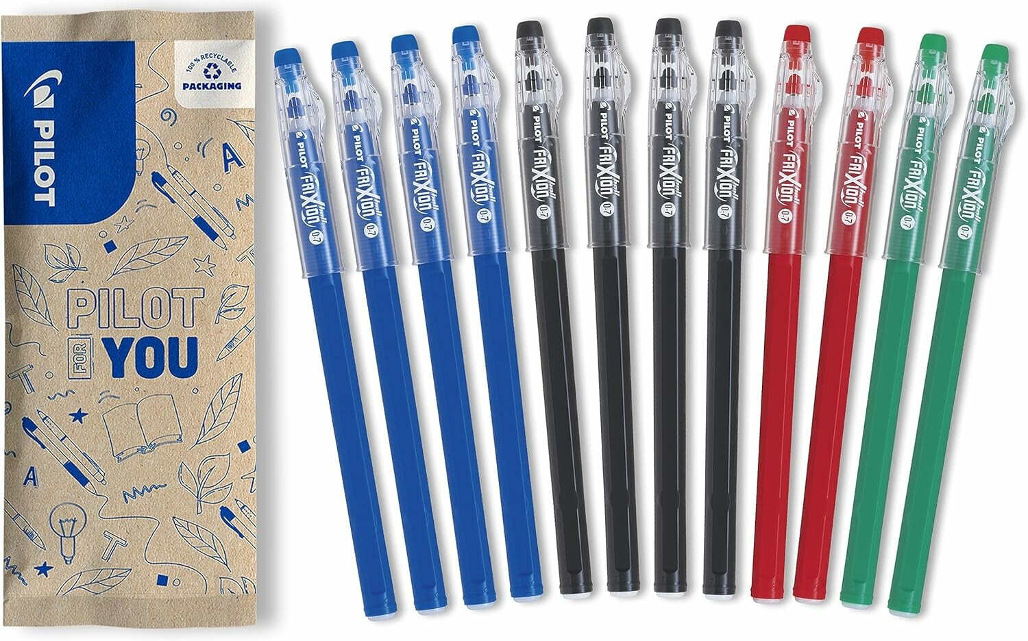 Pilot FriXion Ball Stick 0,7 mm – 12 wymazywalnych długopisów żelowych w 4 kolorach