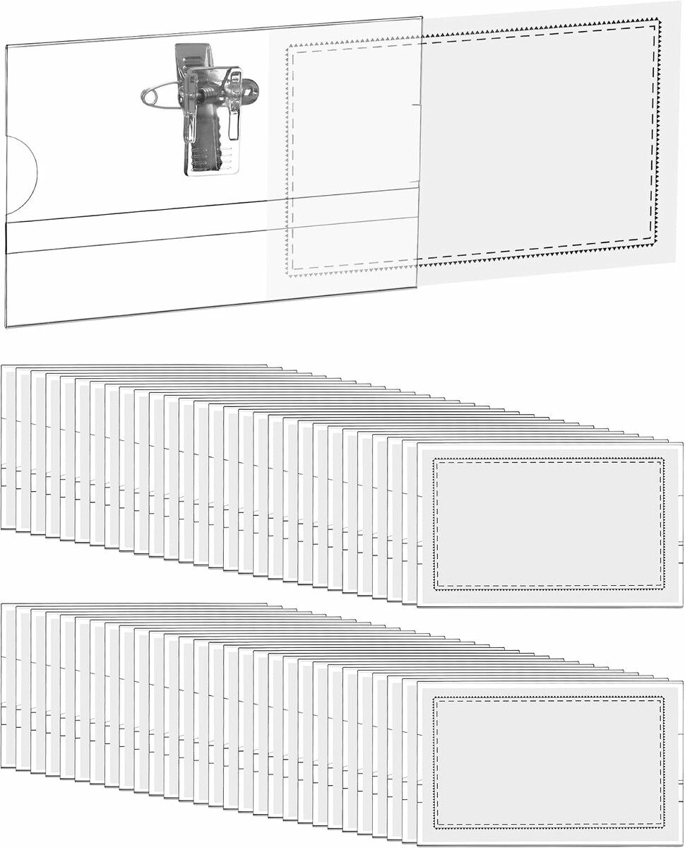 QWORK identyfikatory przezroczyste 90 x 56 mm z klipsem i agrafką, 100 sztuk