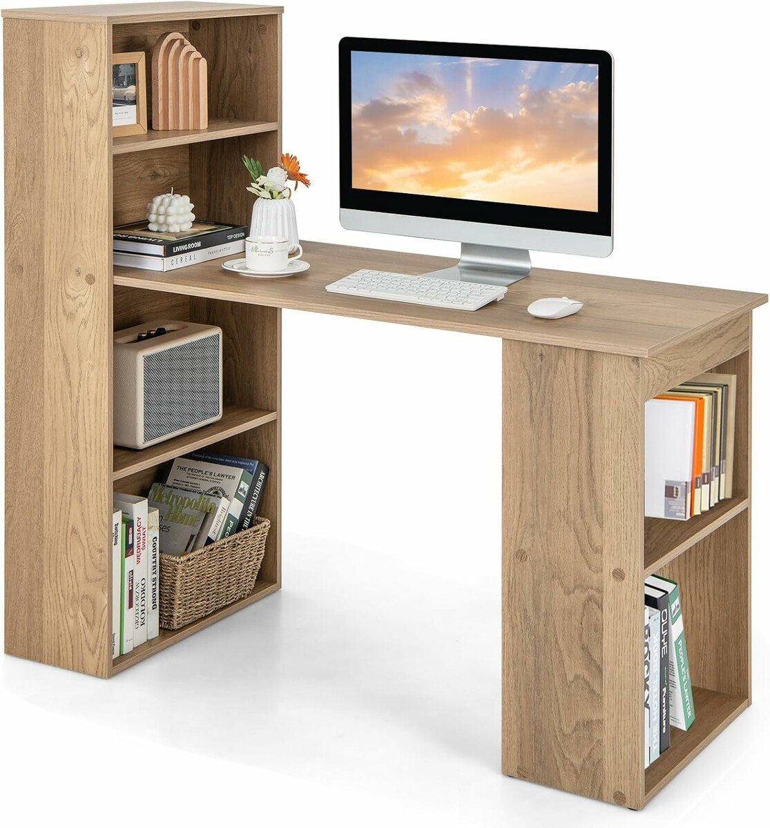 COSTWAY CB10301NADE – zestaw biurko z regałem na książki 122 x 56 x 122 cm, naturalny
