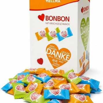Hellma 70000149 – cukierki w kształcie serca, 200 sztuk w kartonie wystawowym