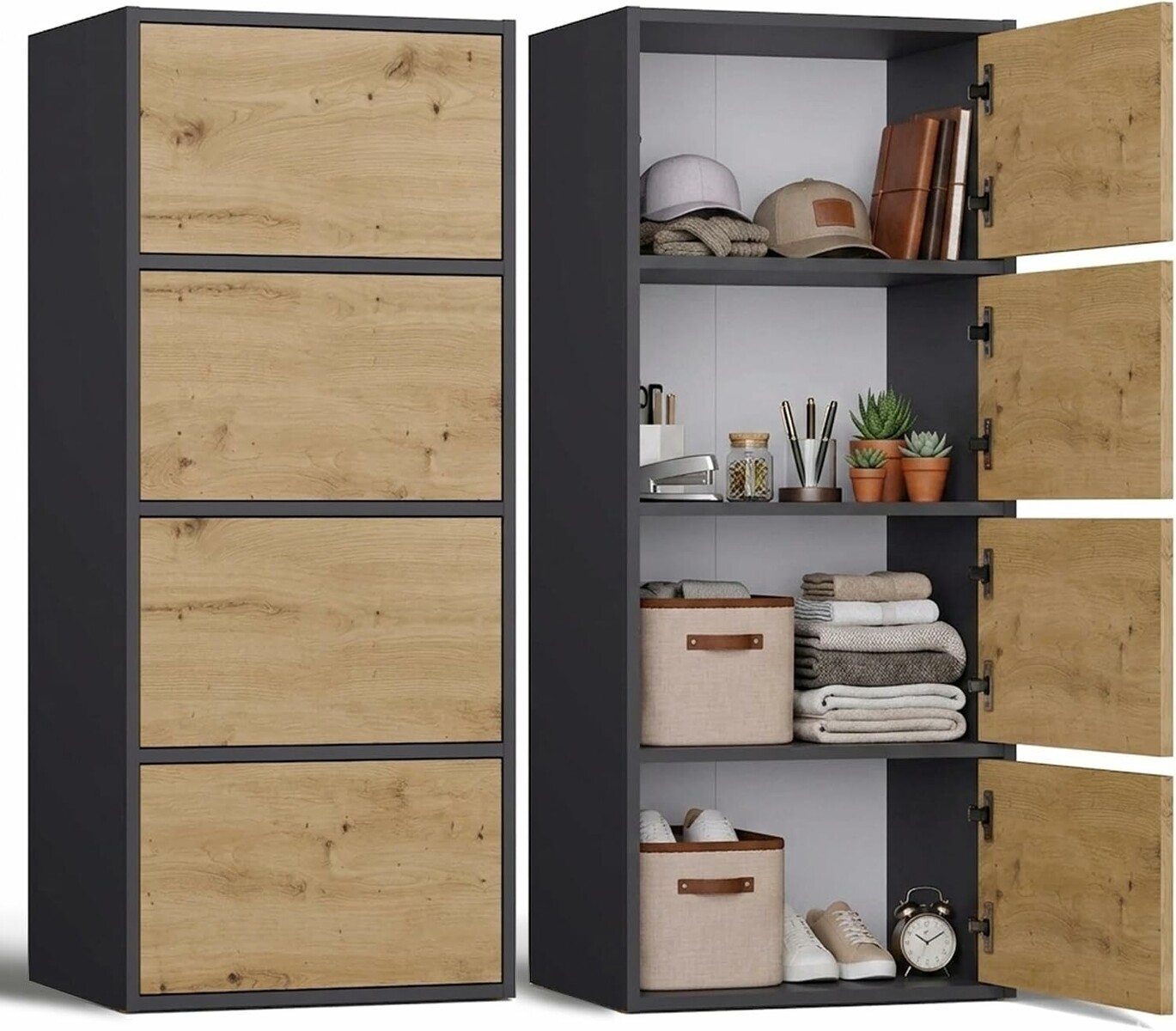 CDF wysoka szafka 4 drzwi 50 x 40 x 119 cm – antracyt / dąb artisan
