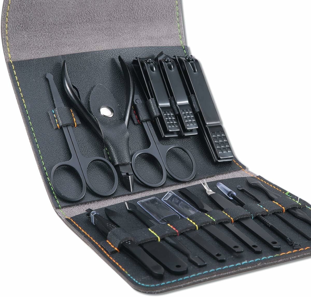 Leipple 16 w 1 – zestaw do manicure i pedicure w etui, stal nierdzewna, czarny