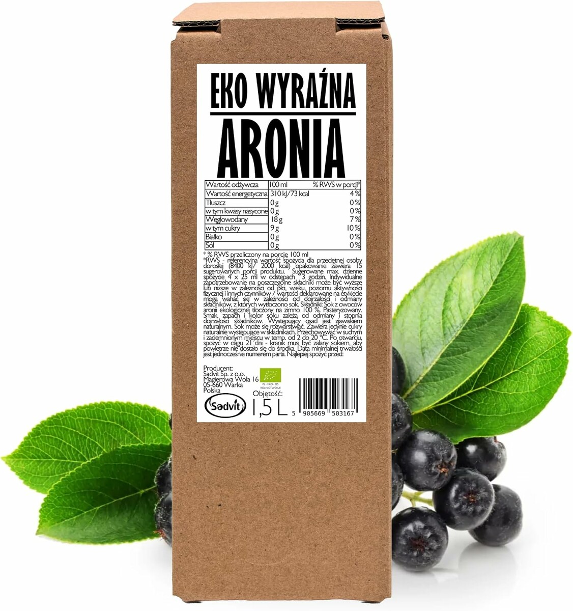 Sadvit ekologiczny sok z aronii BIO NFC 1,5 l – tłoczony, bag in box
