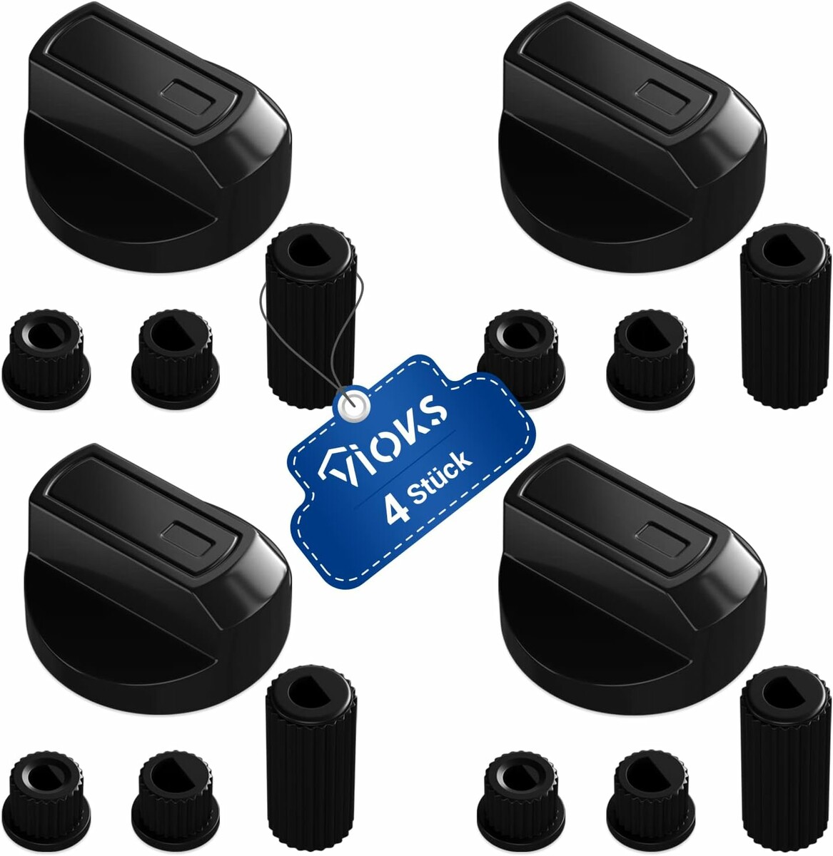 VIOKS – 4 uniwersalne pokrętła do kuchenki Ø 38 mm z adapterami, czarne
