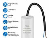 OFFCUP CBB60 20 µF 450 V AC – kondensator roboczy do silnika z przewodami – zdjęcie 3