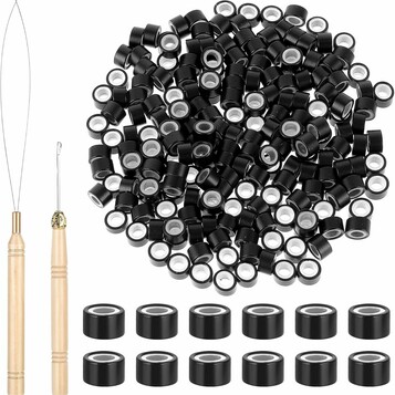 Abeillo tulejki ringi 4 mm do przedłużania włosów, 200 szt. + haczyk, czarne