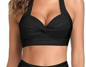 KOEMCY – damska góra od bikini z wyściełanymi miseczkami i dekoltem w szpic, czarna – zdjęcie 4