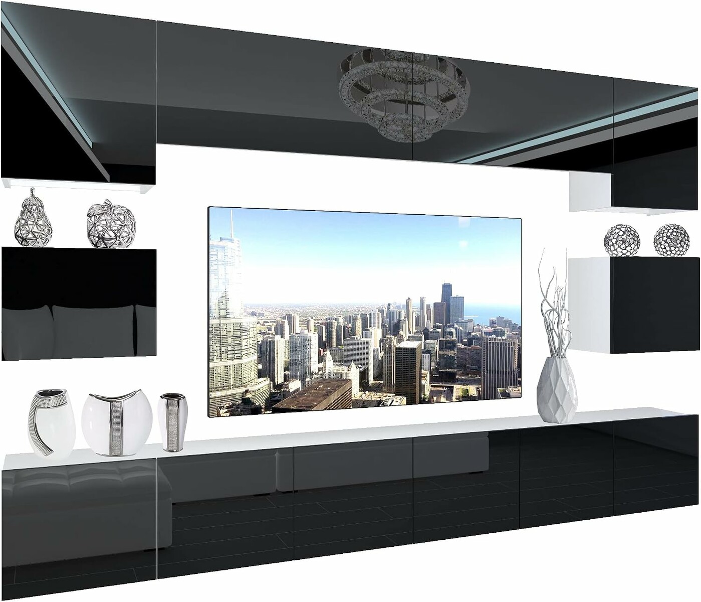 BELINI NEX 3/0/W/B/0/0/PP – czarna meblościanka do salonu z LED, 300 cm