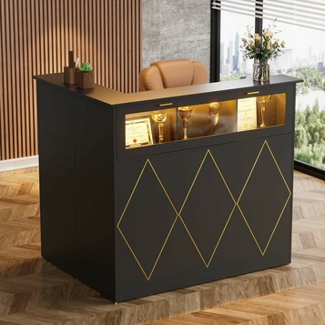 MSFE TTAD016 – lada recepcyjna w kształcie litery L z LED, 126 x 100 x 111 cm, czarna