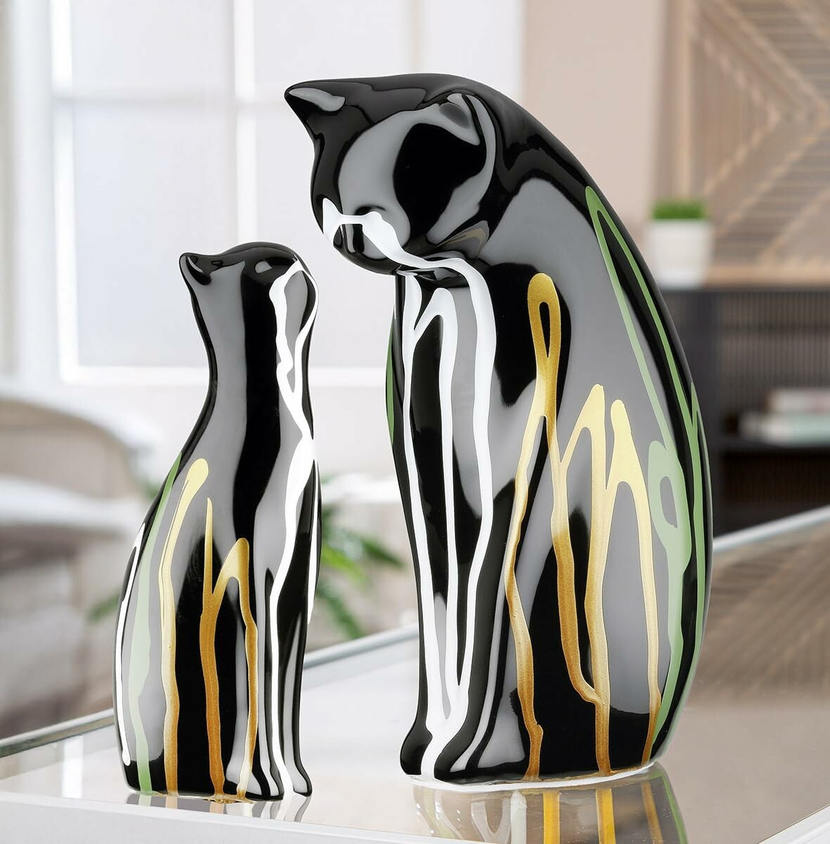 GILDE – zestaw 2 ceramicznych figurek kota, czarne, glazurowane