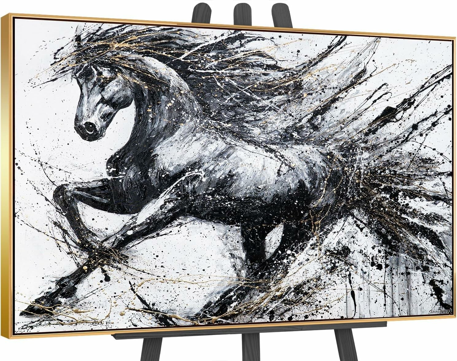 YS Art obraz akrylowy – czarno-biały koń, ręcznie malowany, 140 x 100 cm