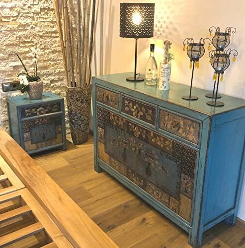 Opium Outlet komplet mebli sypialnianych – komoda i 2 szafki nocne, shabby chic, niebieski