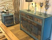 Opium Outlet komplet mebli sypialnianych – komoda i 2 szafki nocne, shabby chic, niebieski – zdjęcie 1