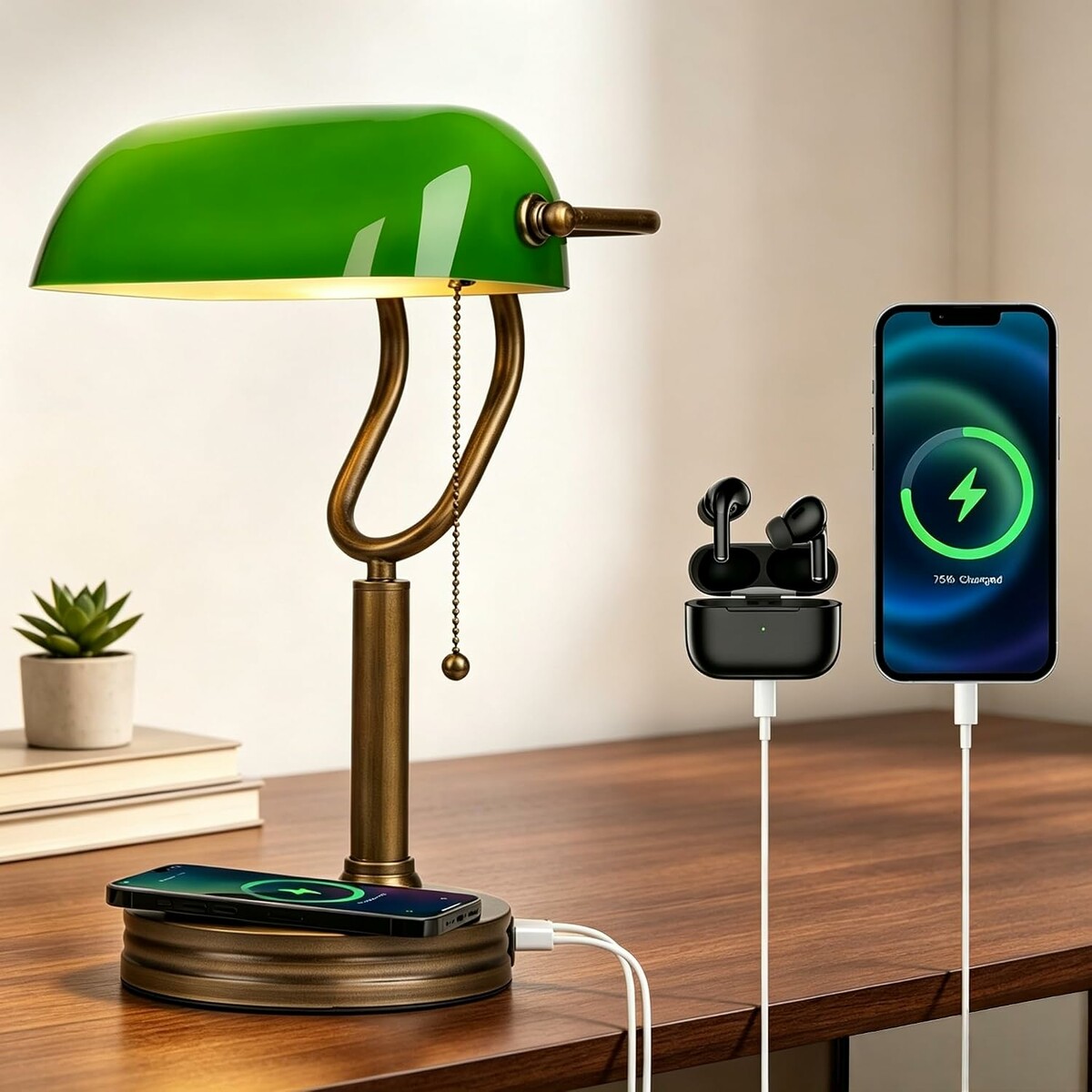 JCPYIUL lampa bankierska – zielony szklany klosz, ładowarka bezprzewodowa i USB