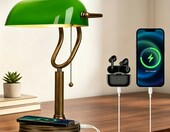 JCPYIUL lampa bankierska – zielony szklany klosz, ładowarka bezprzewodowa i USB – zdjęcie 1