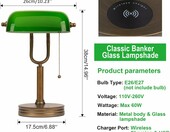 JCPYIUL lampa bankierska – zielony szklany klosz, ładowarka bezprzewodowa i USB – zdjęcie 2