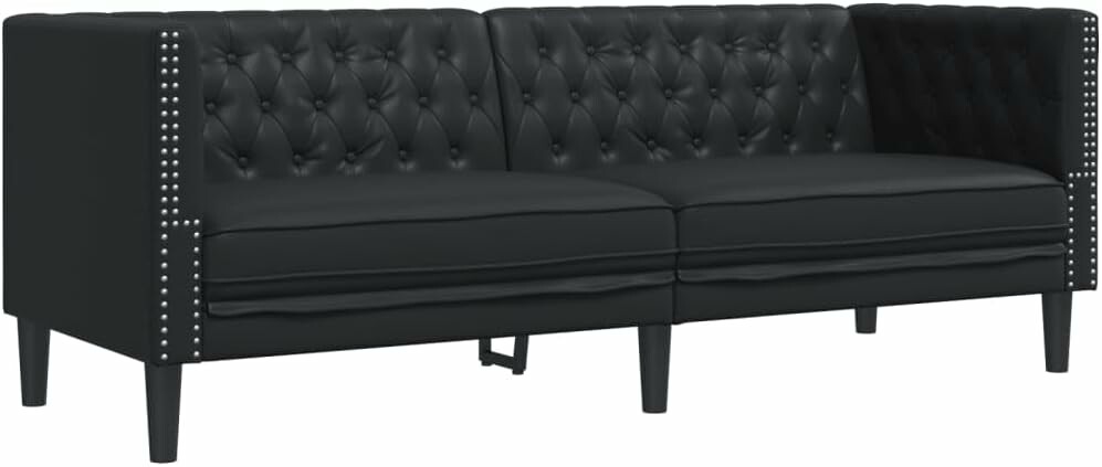 vidaXL sofa Chesterfield 3-osobowa – czarna, sztuczna skóra, pikowane oparcie