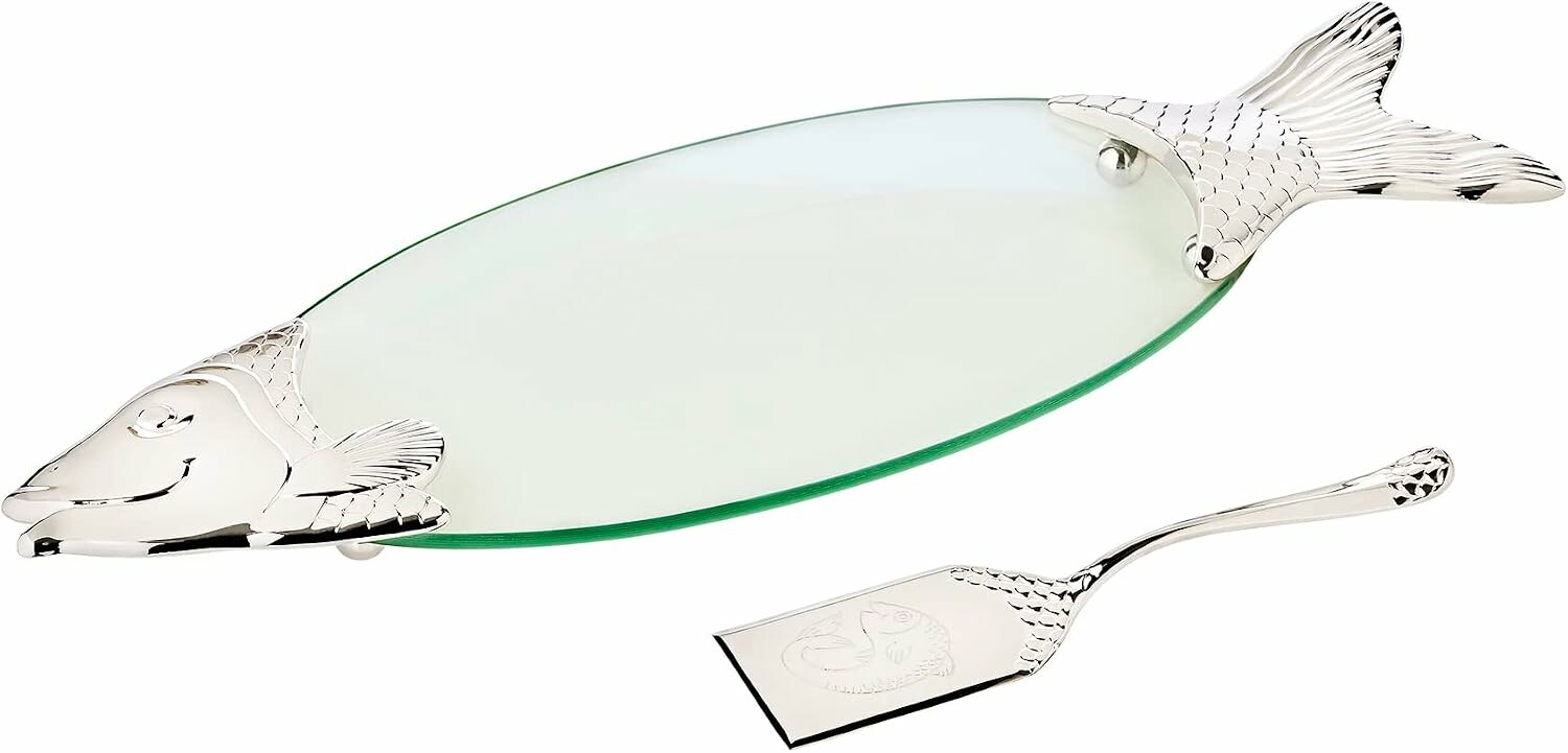 EDZARD Salmon 3131 – posrebrzany półmisek w kształcie ryby z łopatką, 58 cm