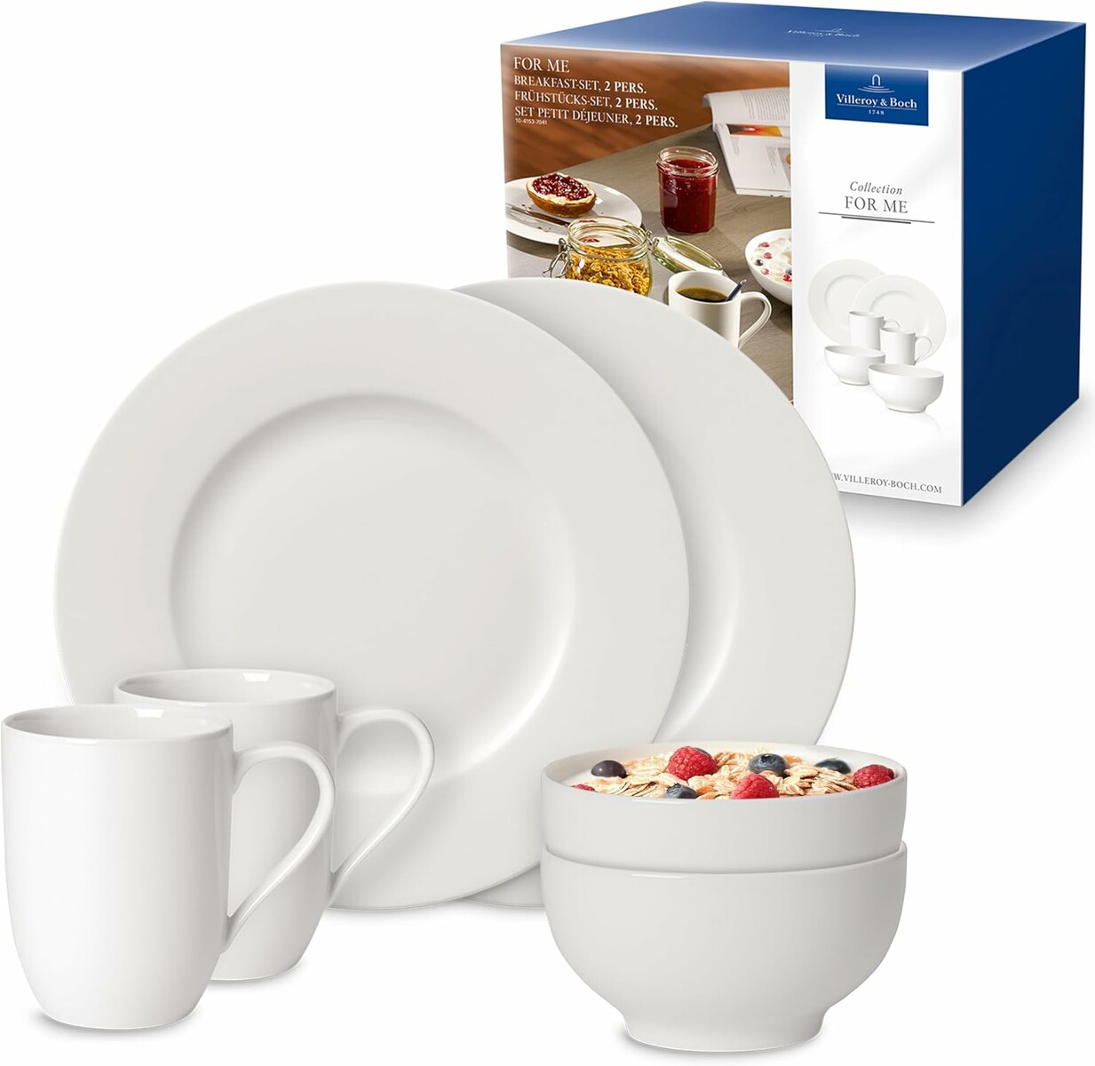 Villeroy & Boch For Me – 6-częściowy porcelanowy zestaw śniadaniowy dla 2 osób, biały