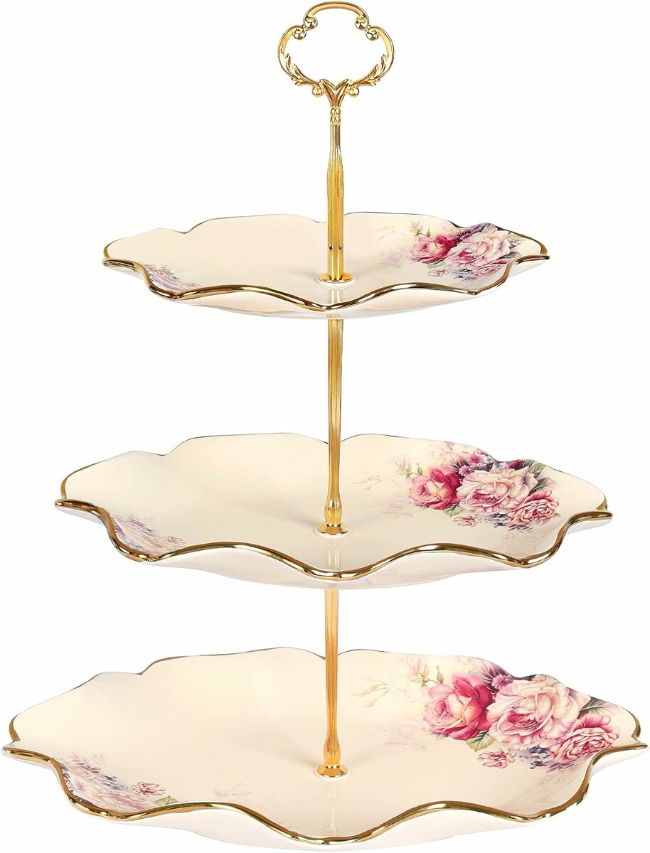 fanquare – 3-poziomowa porcelanowa patera na ciasta w kształcie lotosu, złota