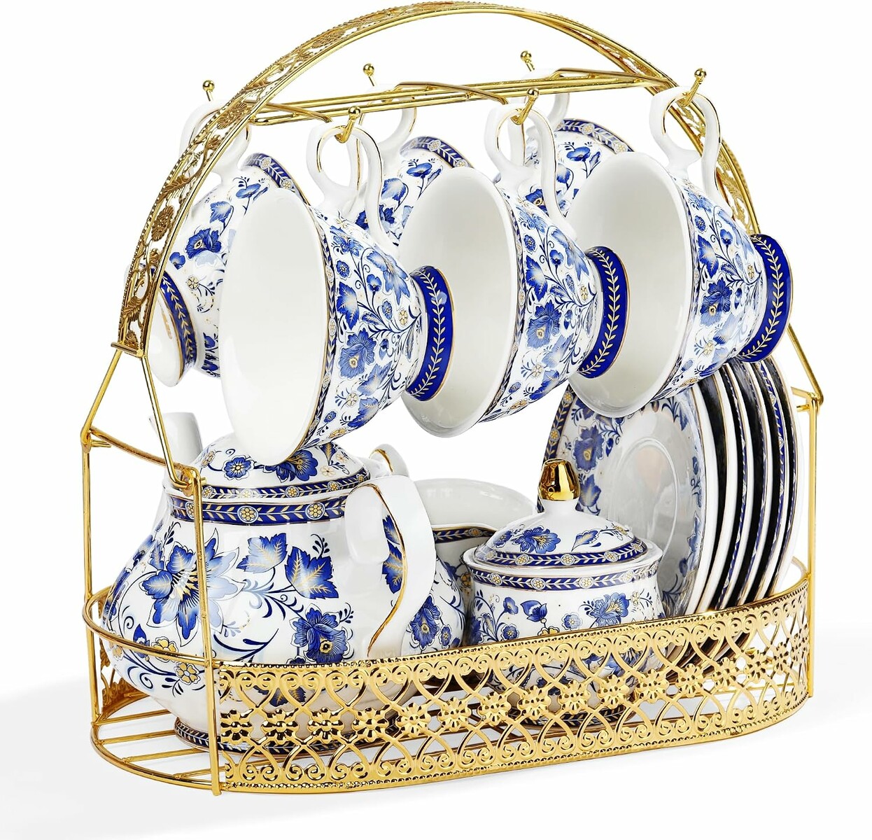 fanquare Blue Vine – porcelanowy serwis do herbaty i kawy dla 6 osób z dzbankiem i stojakiem