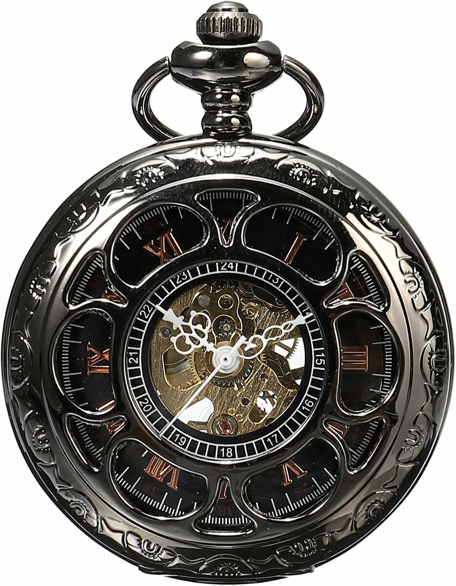 ShoppeWatch PWMSK19 – mechaniczny zegarek kieszonkowy szkieletowy z łańcuszkiem, steampunk, czarny