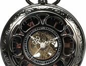 ShoppeWatch PWMSK19 – mechaniczny zegarek kieszonkowy szkieletowy z łańcuszkiem, steampunk, czarny – zdjęcie 1