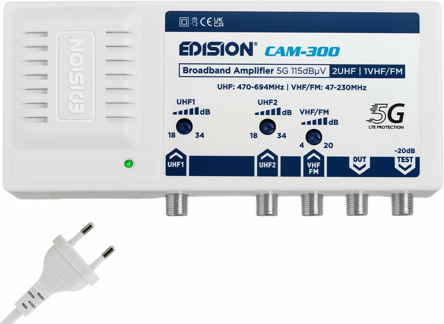 Edision CAM-300 – centralny wzmacniacz antenowy DVB-T/T2 z filtrem 5G LTE, 2 x UHF + VHF/FM