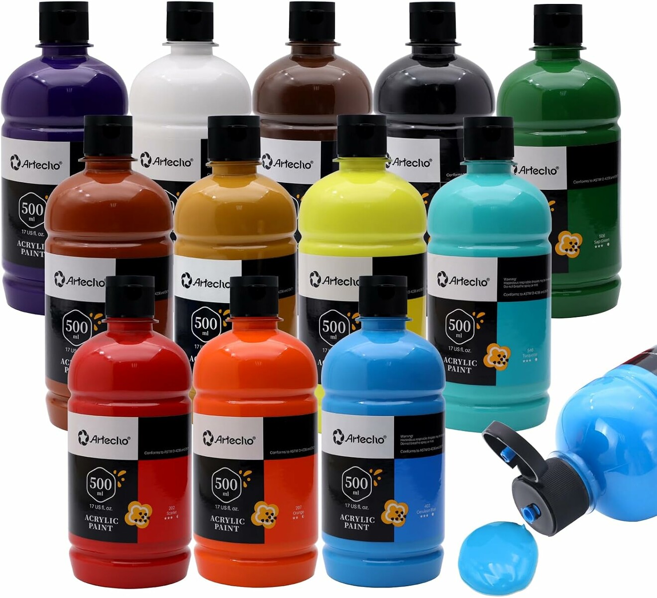 Artecho zestaw farb akrylowych Professional 12 × 500 ml – szybkoschnące, 12 kolorów