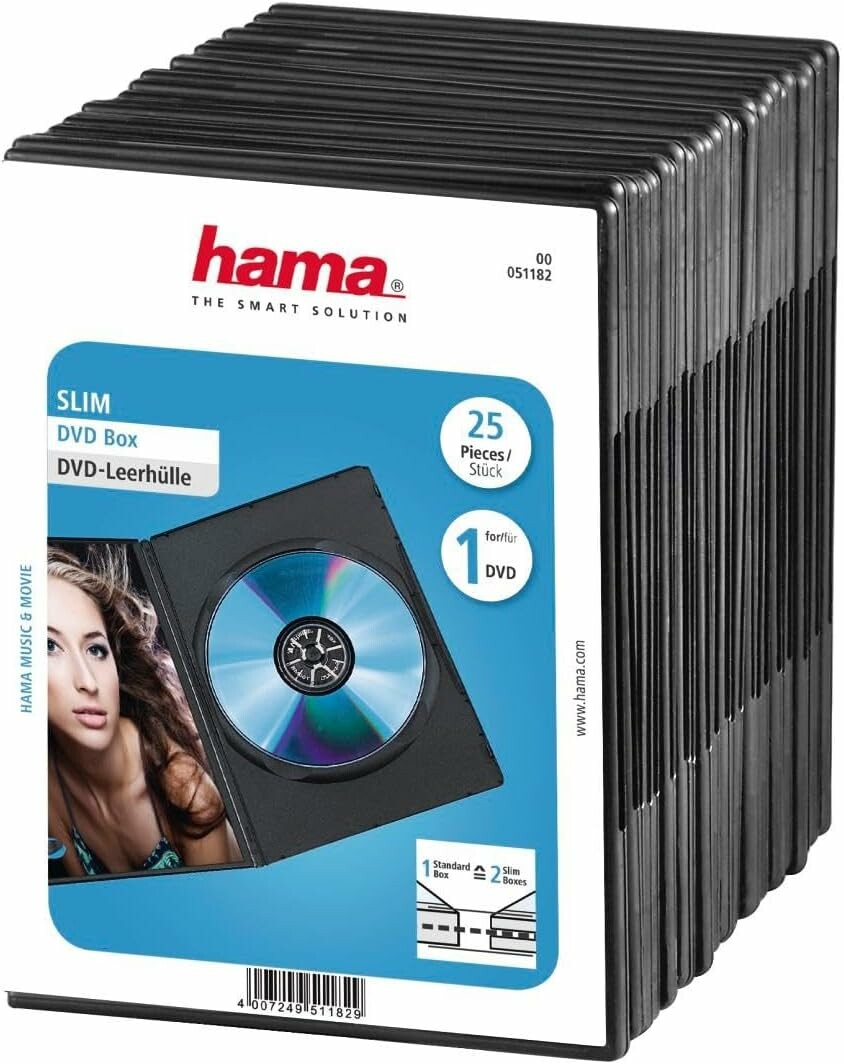 Hama 00051182 – cienkie pudełka slim na płyty DVD, 25 sztuk, czarne