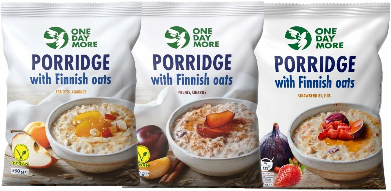 OneDayMore zestaw owsianek 3 x 390 g – morela, śliwka z wiśnią, truskawka z figą