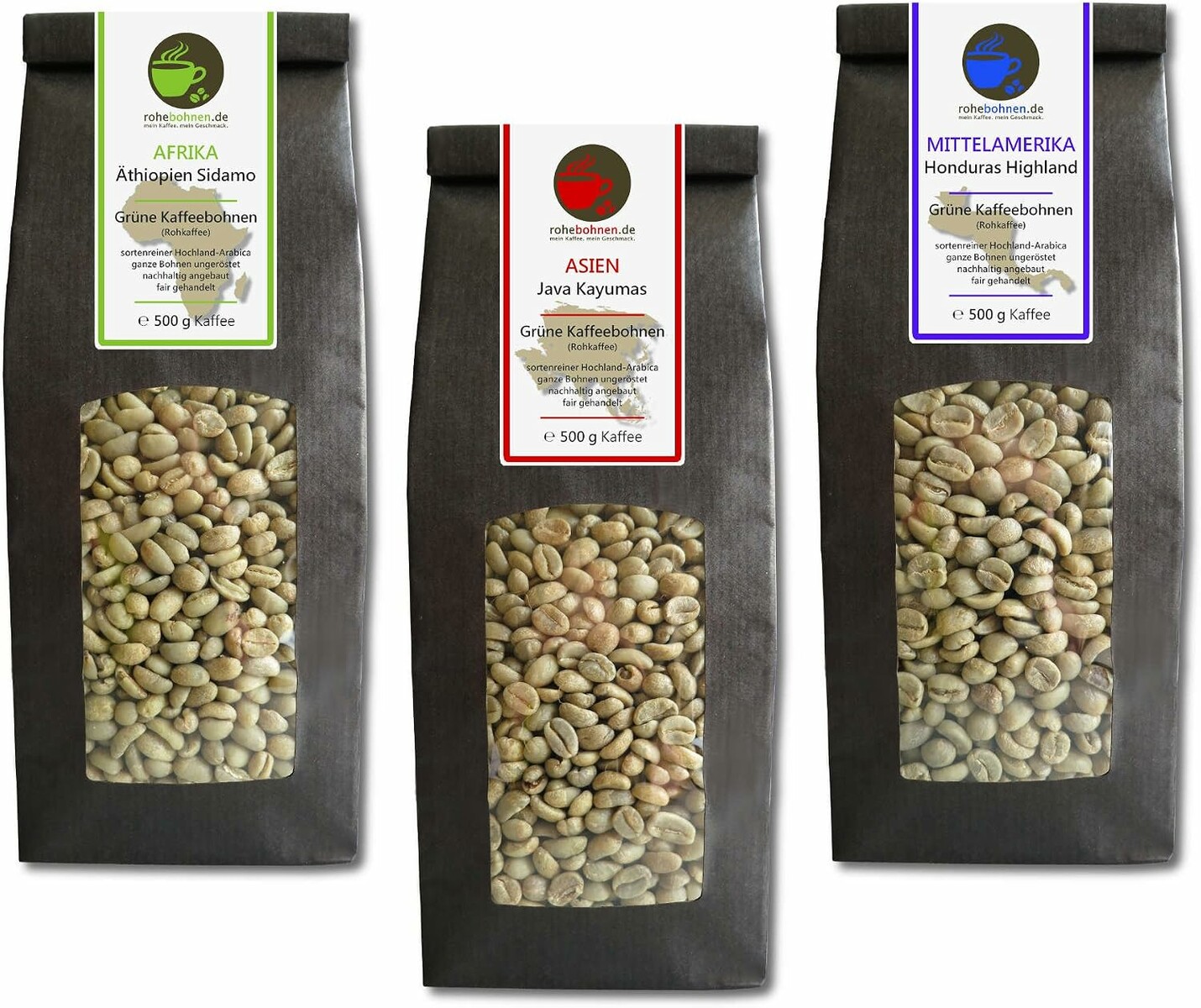 Kawa zielona Rohebohnen – zestaw 3 x 500 g surowych ziaren arabiki