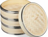 Relaxdays parowar bambusowy 3-poziomowy, Ø 24 cm, z pokrywką – zdjęcie 1