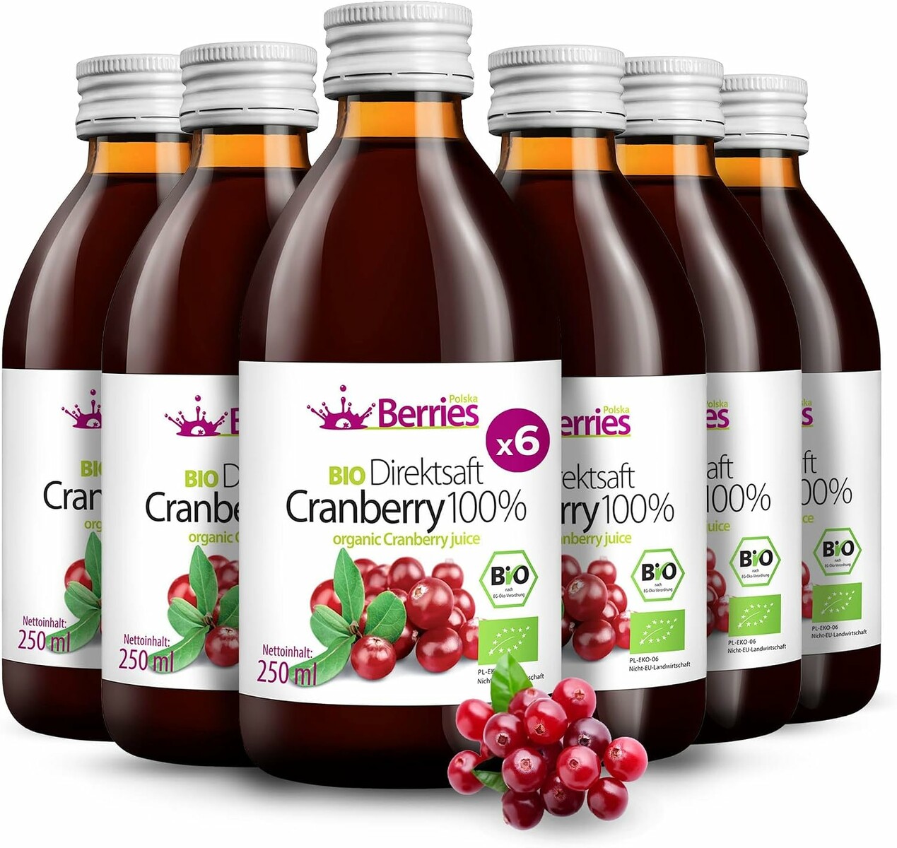 Berries Polska BIO sok z żurawiny 6 x 250 ml – tłoczony na zimno, nie z koncentratu