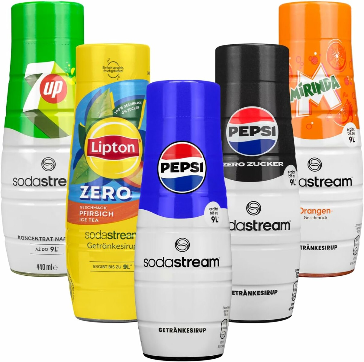 SodaStream zestaw 5 syropów 440 ml – 7UP, Pepsi, Mirinda, Pepsi Max, Lipton Ice Tea