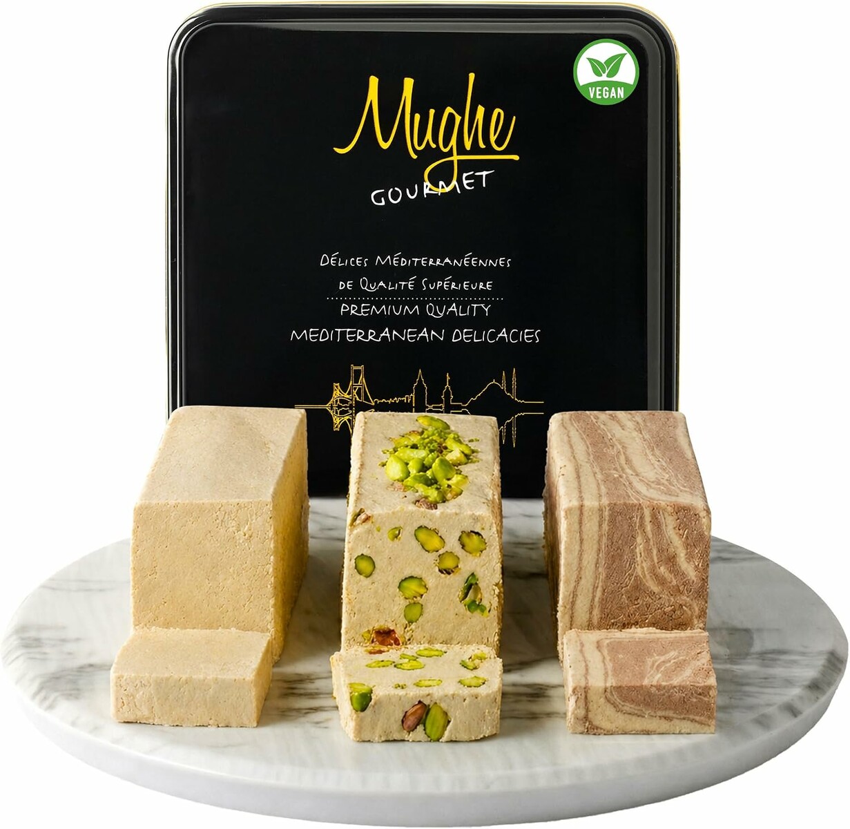 Mughe Gourmet turecka chałwa Mix 850 g – trzy smaki w pudełku upominkowym