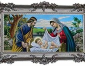 Lnxp Święta Rodzina – reprodukcja w barokowej ramie, stare srebro, 96 x 96 cm – zdjęcie 1