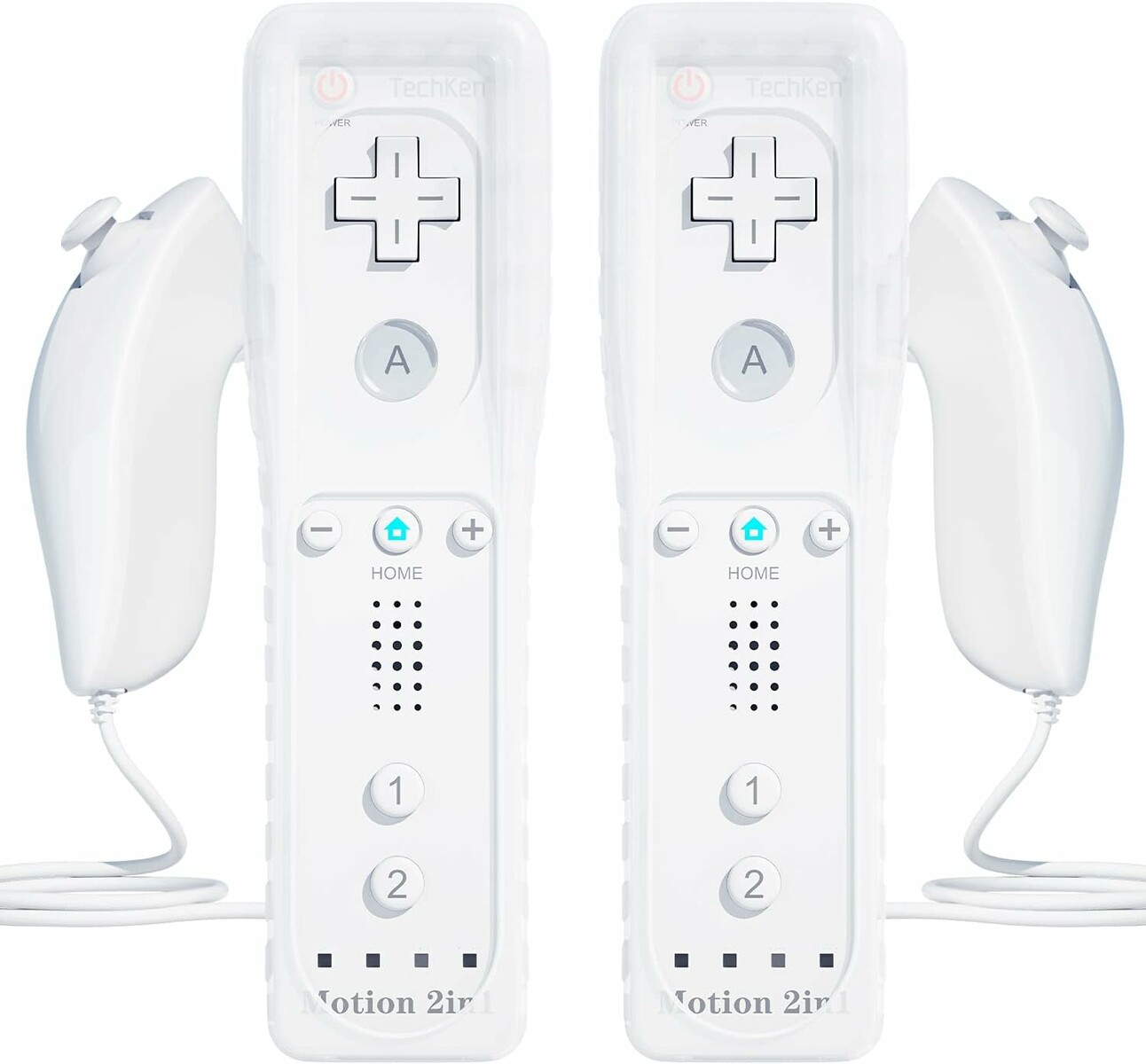 TechKen 2x Wii Remote Plus z Motion Plus + 2x Nunchuk – zestaw kontrolerów, biały