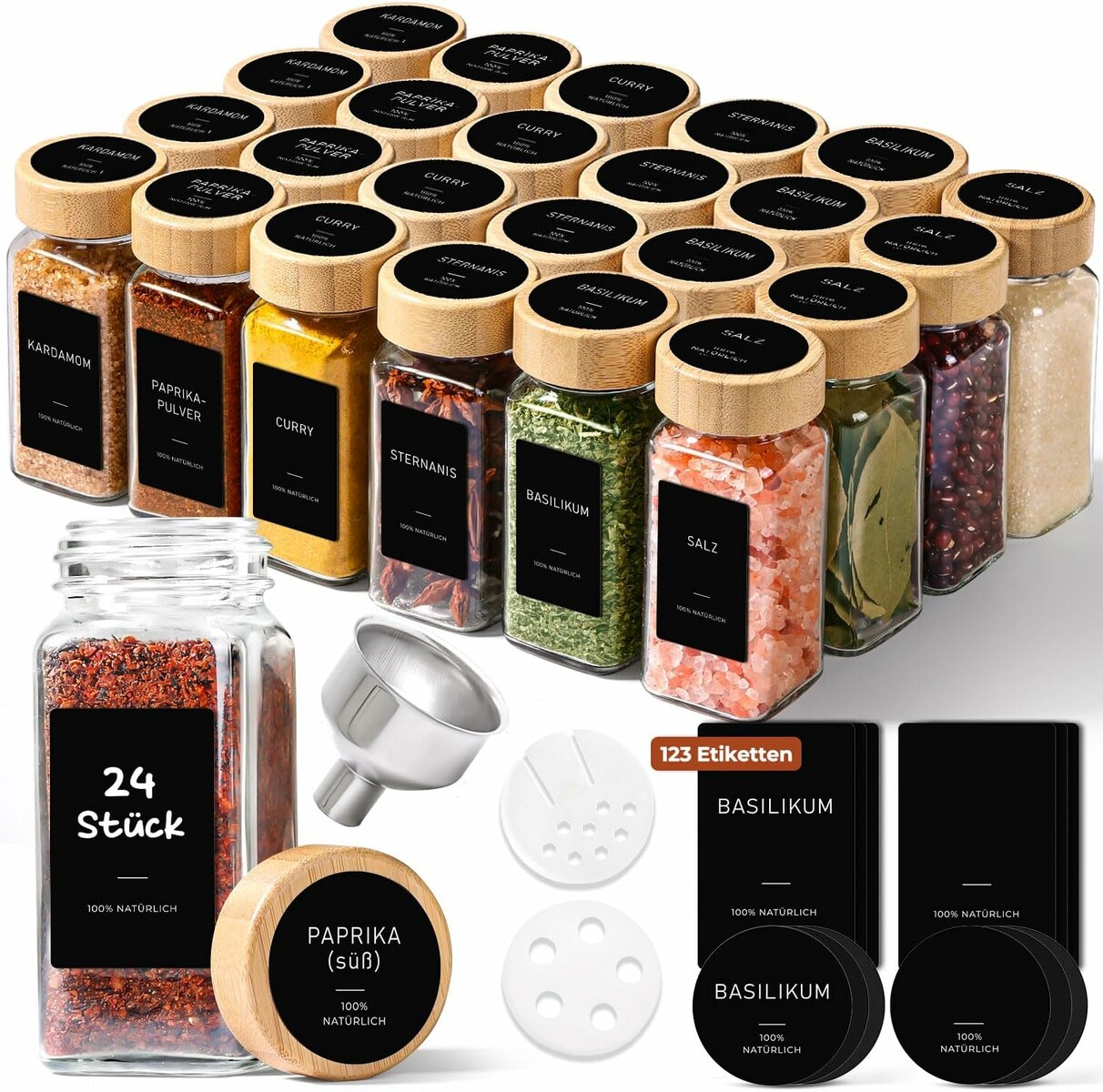 ComSaf słoiczki na przyprawy 120 ml, 24 szt. – szkło, bambusowe pokrywki