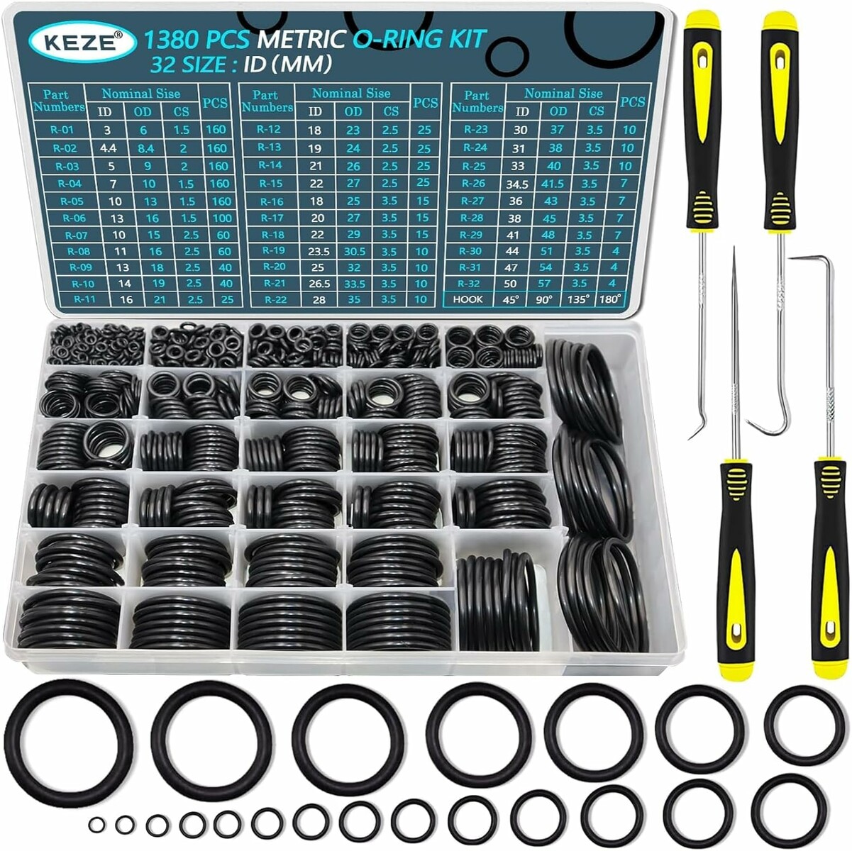KEZE oringi NBR 1380 szt., 32 rozmiary 3–50 mm, z haczykami