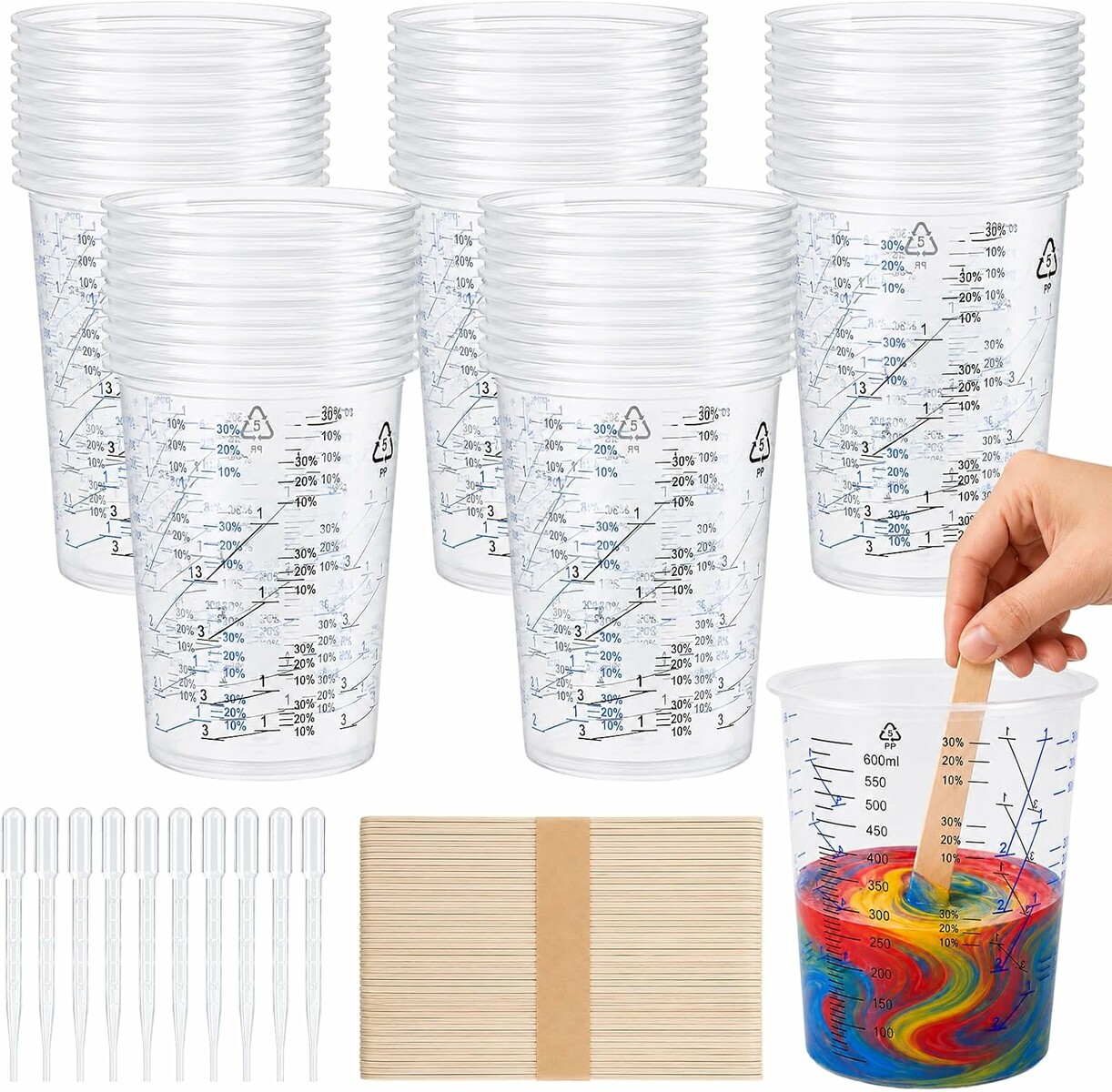 Kubki do mieszania lakieru 600 ml ze skalą – 50 szt. z mieszadełkami