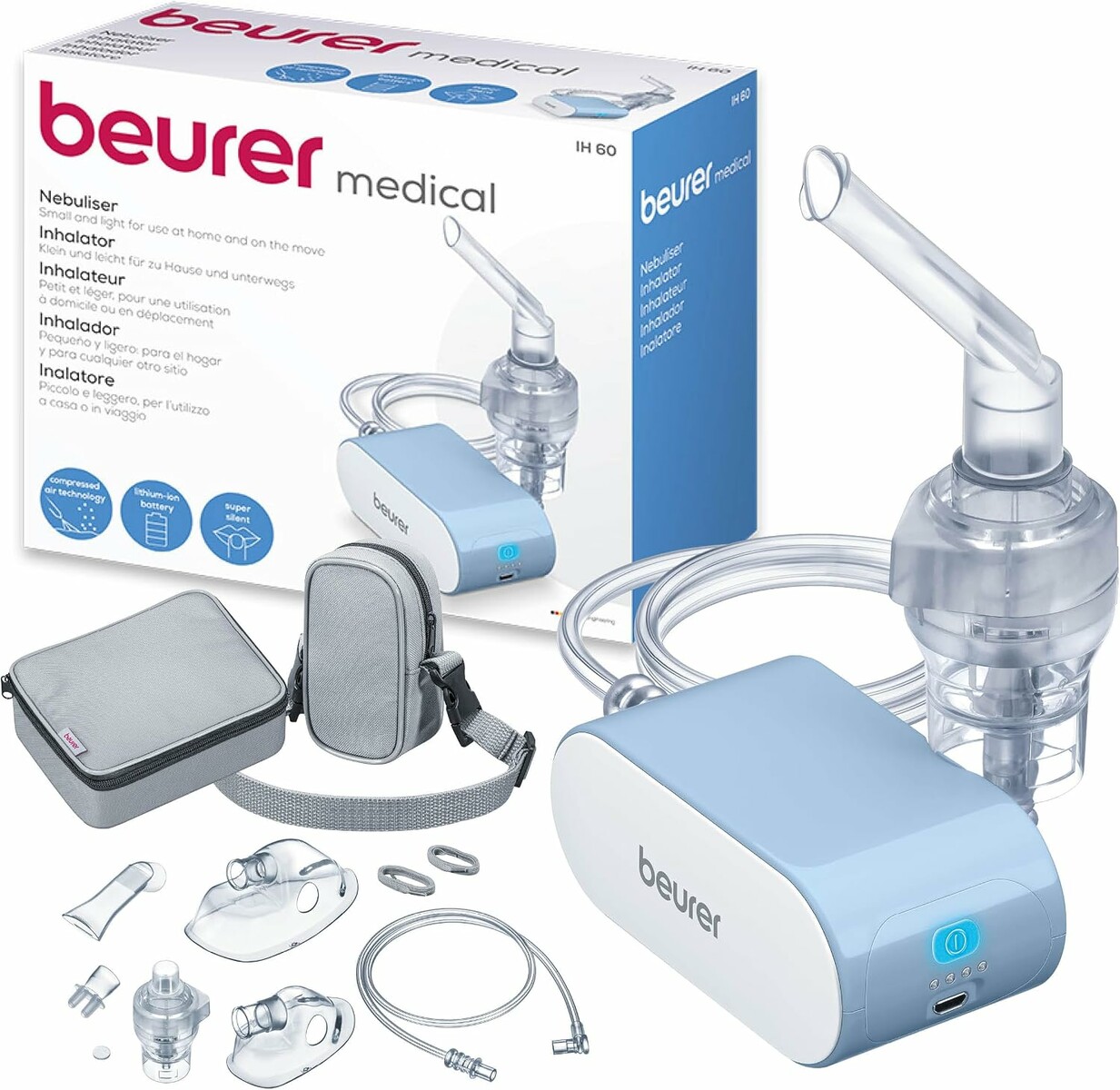 Beurer IH 60 inhalator kompresorowy z akumulatorem, maski dla dzieci i dorosłych