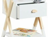 Relaxdays 10051021 szafka nocna dziecięca z szufladą, nogi X – biała/naturalna – zdjęcie 1