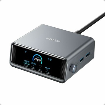 Anker Prime 250 W A2345 – biurkowa ładowarka GaN 6 portów z wyświetlaczem, srebrna